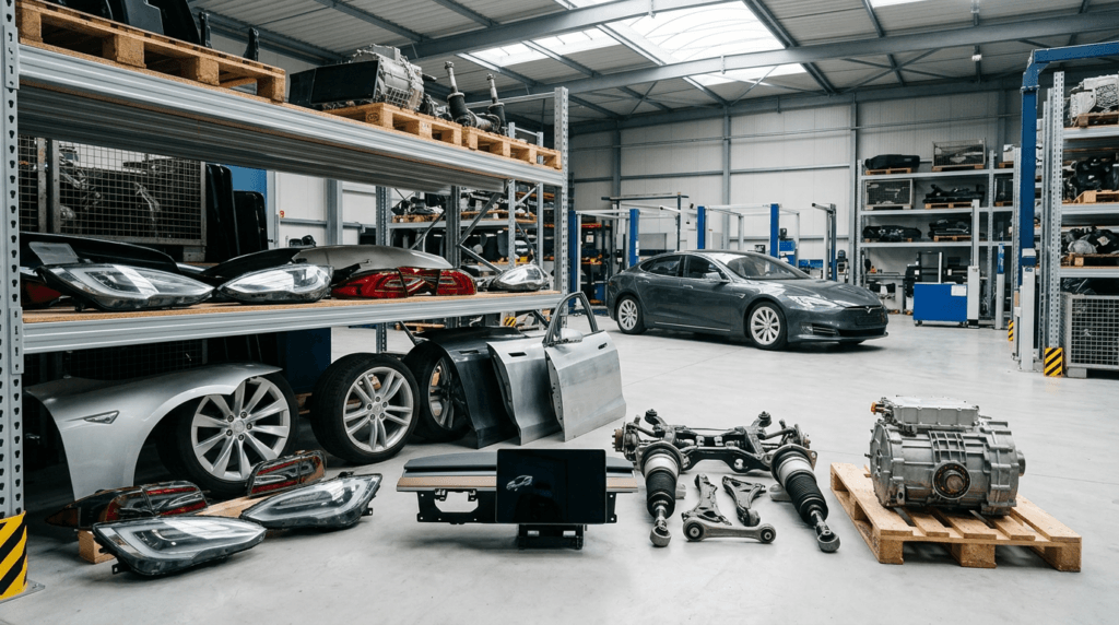 Used Tesla auto parts in a USA auto parts facility